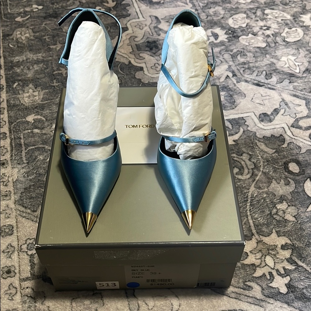 Tom Ford Metallic Blue Heels with Gold Accents